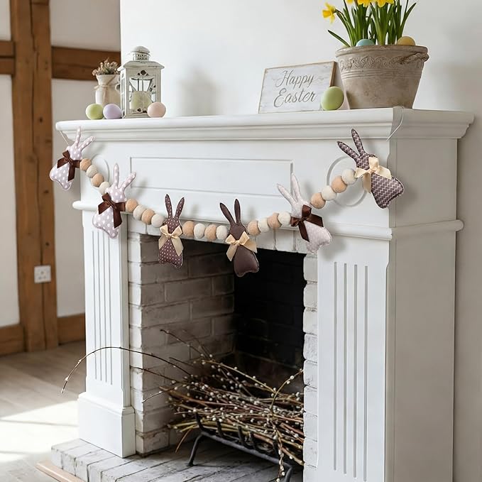 8.2 ft Felt Easter Bunny Garland 3D Rustic Cute Rabbit Pom Ball Banner Neutral Brown Vintage Decorative Hanging Bunting Garland for Mantel Fireplace Window Wall Home Farmhouse Decor