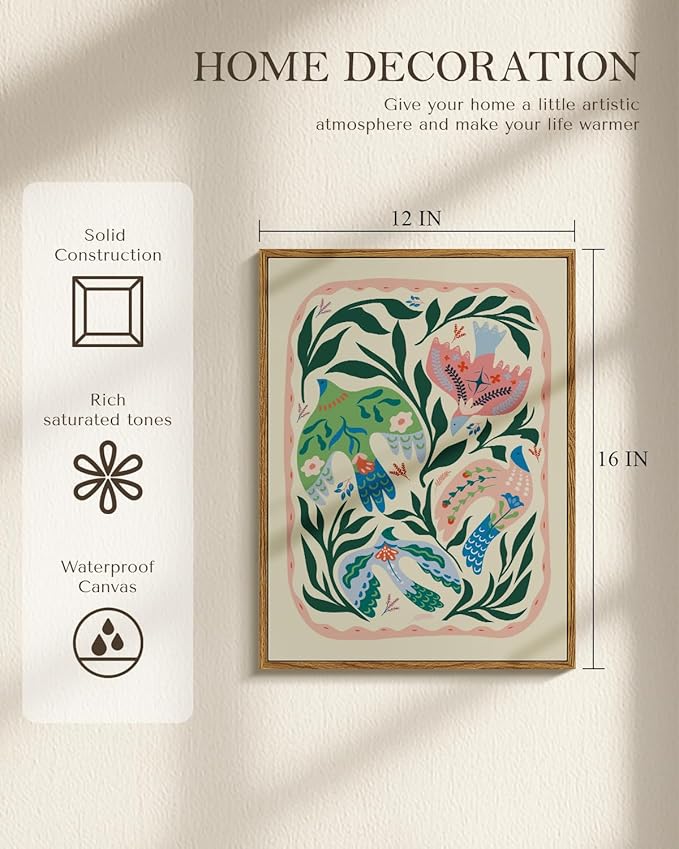 WHASAYART Framed Bird Wall Art 12"x16", Floral Botanical Illustration artwork, Colorful Birds Flowers, Nature Boho Style Print for Living Room Bedroom Nursery Wall Decoration