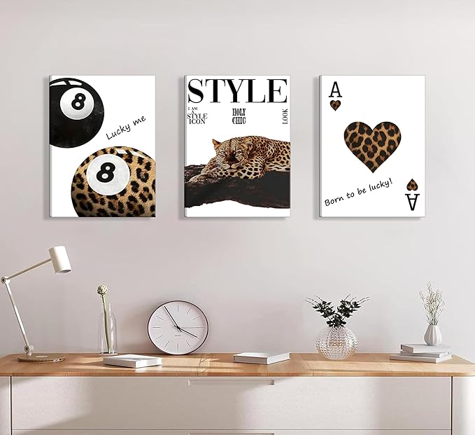 3pcs Framed Fashion Leopard Print Canvas Wall Art Cheetah Paintings Wall Decor Stylish Lucky 8 Ball Posters Prints College Style Room Aesthetic Pictures for Girls Bedroom Apartment Dorm Decoration