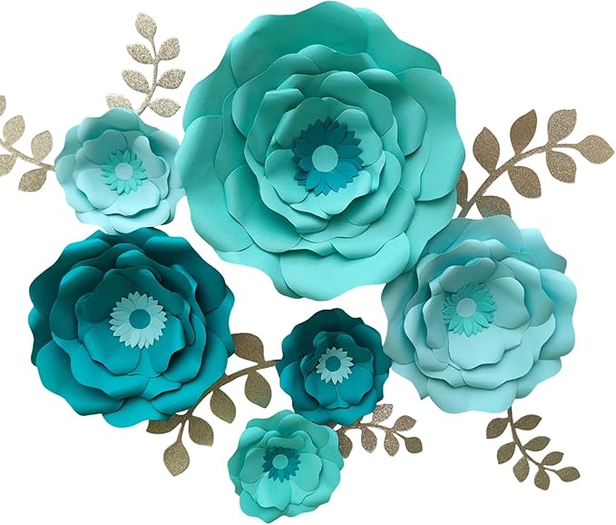 Turquoise Teal Paper Flower with Gold Leaf for Wall Living Room Bed Room Wall Decoration Wedding Birthday Bridal Baby Shower Party Floral Decor Pack of 6