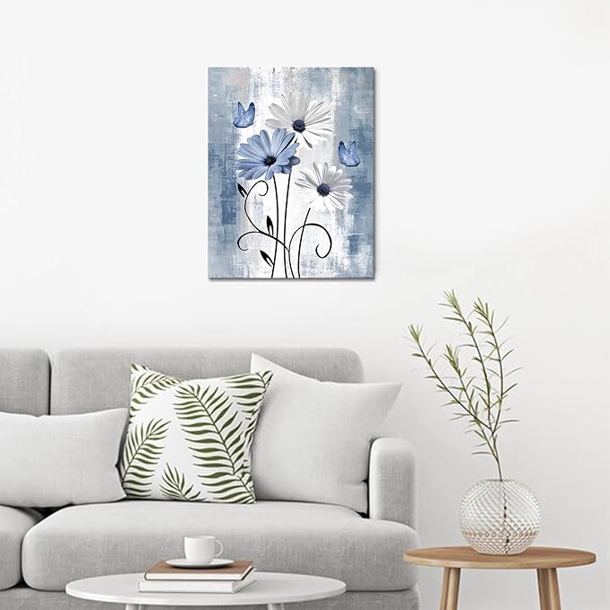 MYUSRE Farmhouse Blue Floral Wall Art for Living Room, Blue and White Daisy Butterfly on Abstract Geometric Canvas Wall Art Country Flower Pictures for Bedroom Bathroom Home Decor,10L X 8W inches