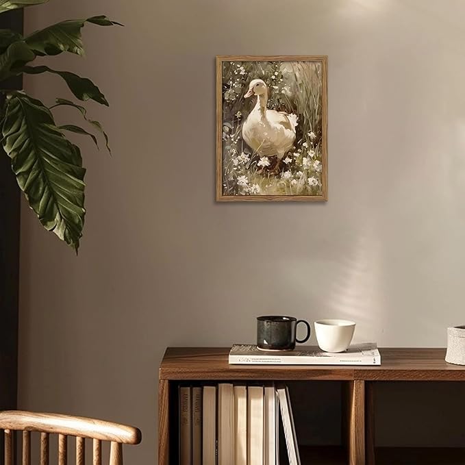 Framed Goose Wall Art, Rustic Vintage Floral Animal Oil Painting, Retro Farmhouse Country Pictures Artwork, Cottagecore Canvas Prints Wall Decor for Living Room Bedroom Farm – 8x10 inch