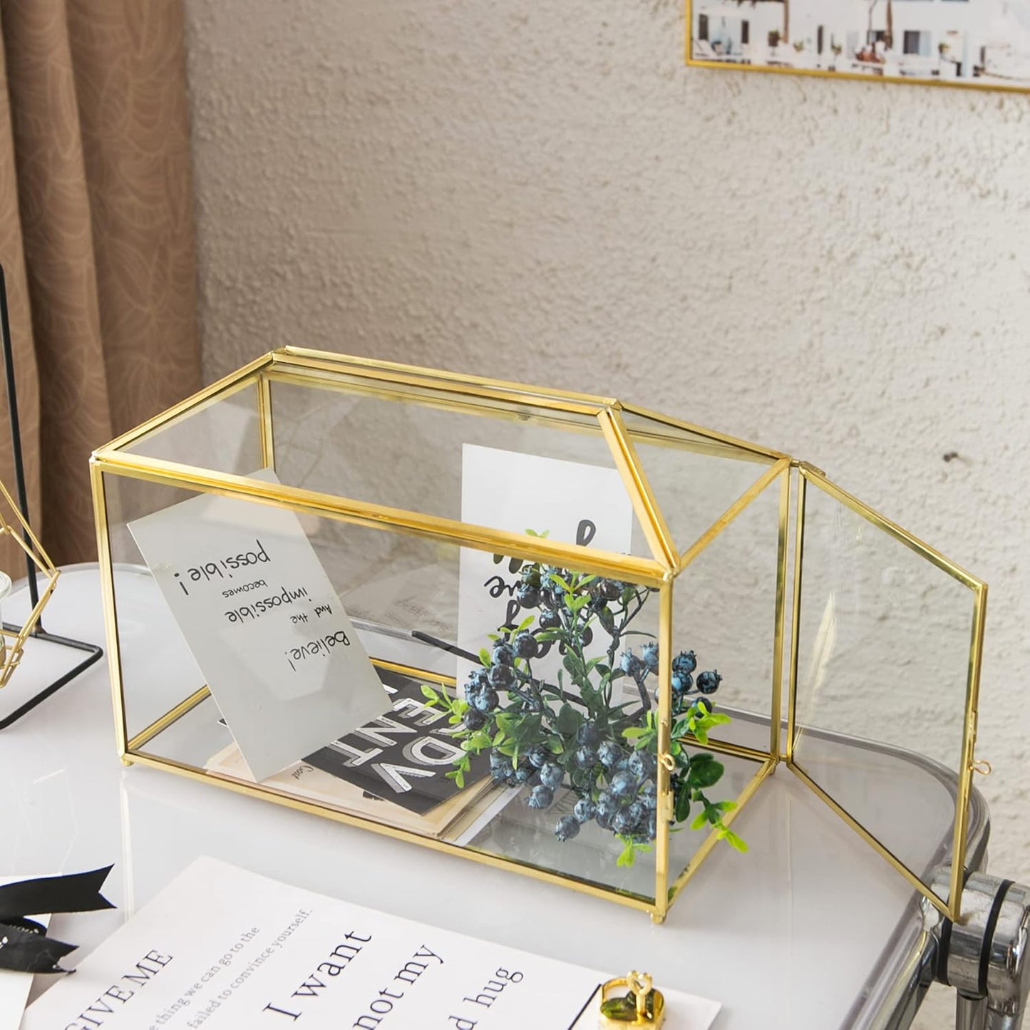 Glass Wedding Card Box with Slot, 12.6 inch Large Clear Card Box Gold Brass Gift Card Storage Box with Lock for Wedding Receptions, Baby Shower, Birthday Party, Bridal Shower