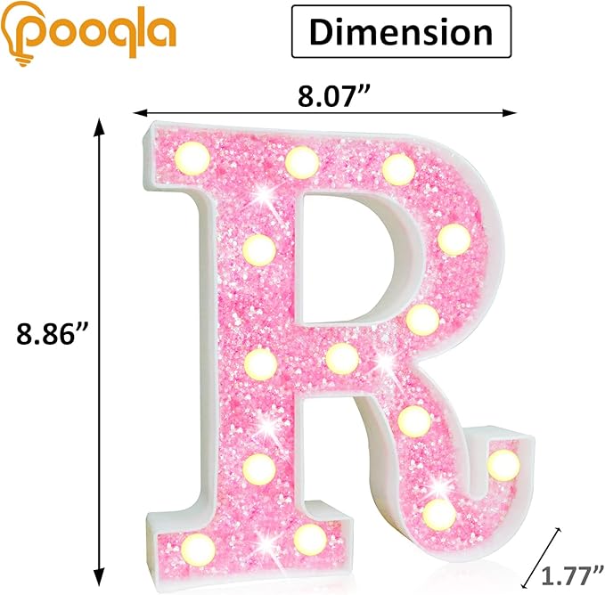 Pooqla LED Marquee Letter Lights, Pink Glitter Light Up Letters Alphabet Sign Battery Powered Night Light, Birthday Party Wedding Girls Gifts, Christmas Room Dorm Bedroom Decoration, Pink Letter R