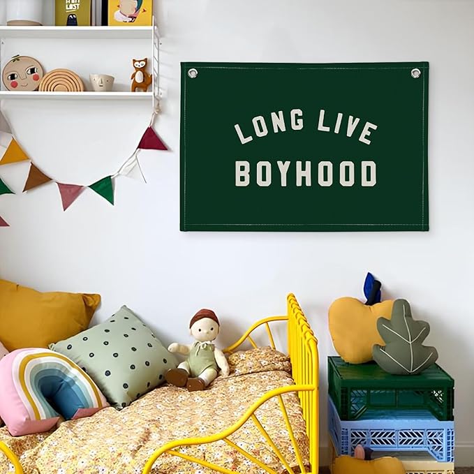 Long Live Boyhood Boys Room Decor - Linen Banner Wall Hanging Canvas Banner Flag Decor for Toddler Boy Room Nursery Playroom - Dark Green