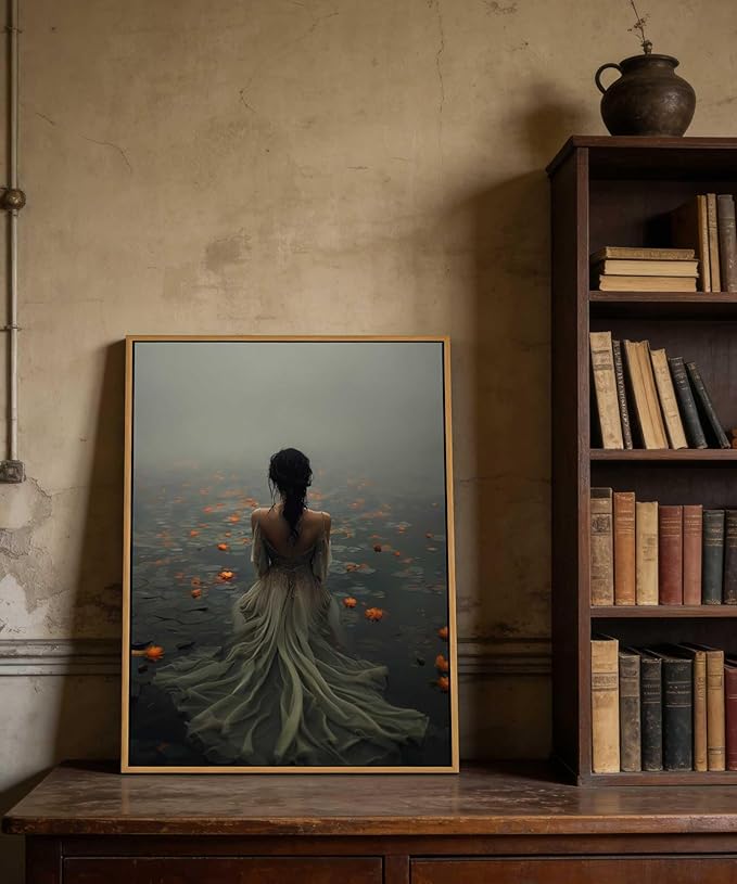 Framed Dark Academia Wall Art Lady in the Lake Moody Victorian Wall Decor Pictures Gothic Cottagecore Posters Prints Vintage Halloween Aesthetic Paintings for Gallery Bedroom Decoration 12x16in