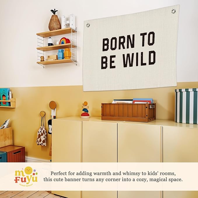 Born To Be Wild Linen Canvas Banner, Boys Kids Room Wall Hanging Banner Flag Decor for Playroom Bedroom Nursery, 30x20 Inch