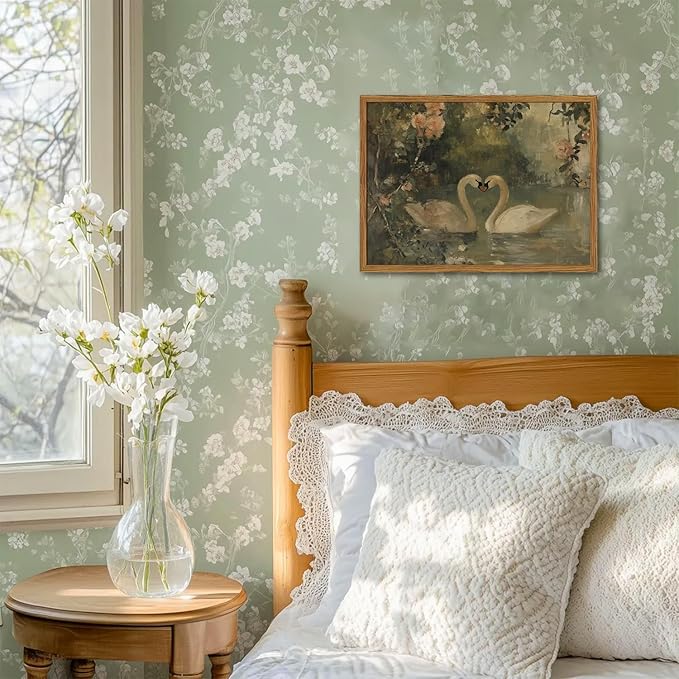 Framed Vintage Swan wall art, Rustic Romantic White Swan Pictures Wall Decor, Cottagecore Farmhouse Animal Paintings Canvas Prints Aesthetic Home Decor for Living Room Bedroom Bathroom 12x16 inch
