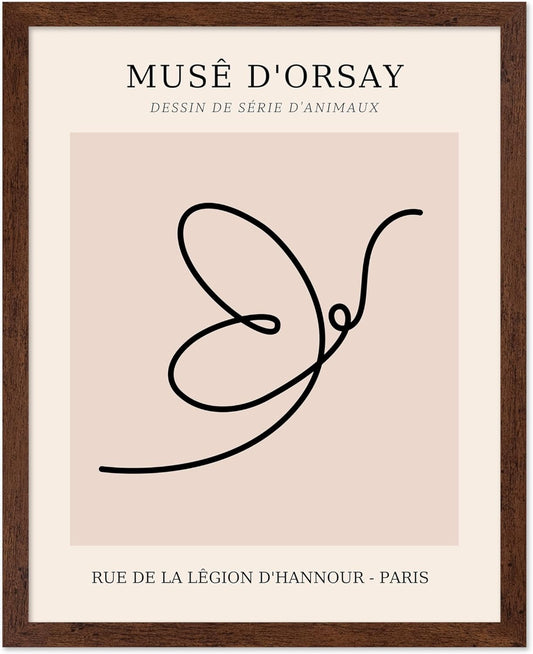 Poster Master Vintage Poster - Retro One Line Butterfly Drawing Print - Butterfly Line Art - Minimal Gift for Him, Her, Animal Lover - Abstract Decor for Home, Office, 16x20 Brown Framed