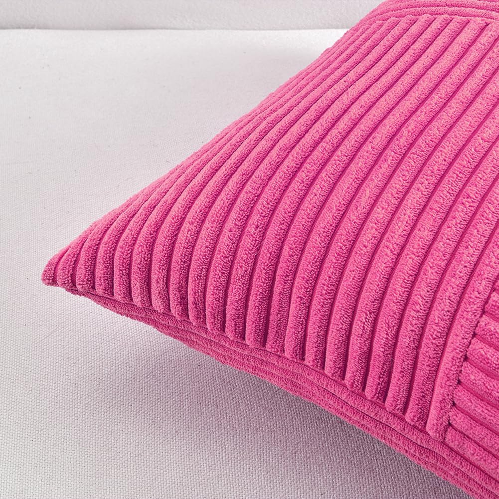 Fancy Homi 2 Packs Hot Pink Decorative Throw Pillow Covers 18x18 Inch for Living Room Couch Bed Sofa, Rustic Farmhouse Boho Home Decor, Soft Corss Corduroy Patchwork Textured Cushion Case 45x45 cm