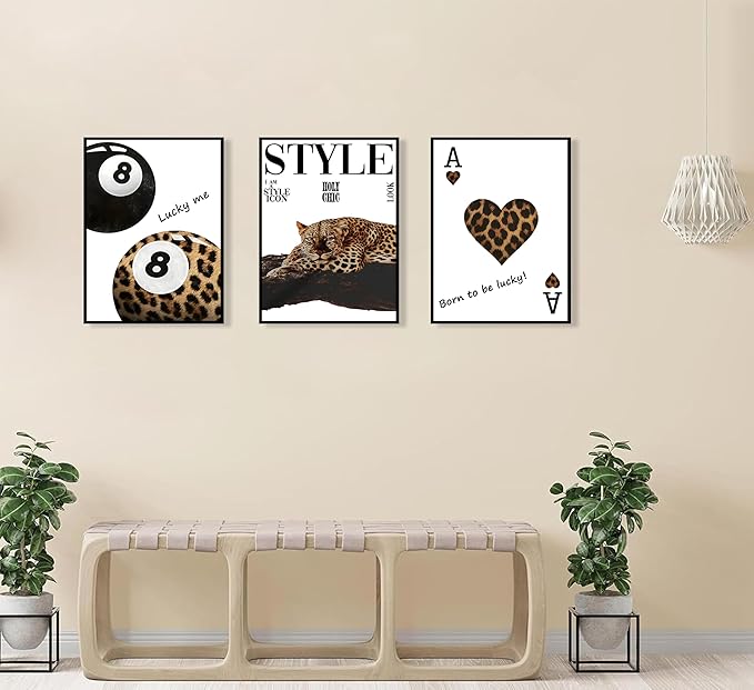 3Pcs Fashion Leopard Print Canvas Wall Art Cheetah Paintings Wall Decor Stylish Lucky 8 Ball Posters Prints College Style Room Aesthetic Pictures for Girls Bedroom Apartment Dorm Decoration Unframed