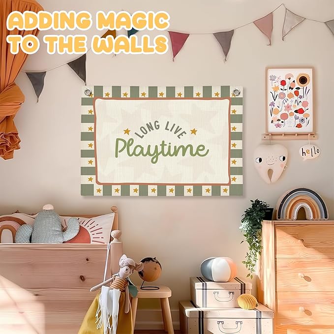 Playroom Wall Decor,Long Live Playtime Linen Canvas Banner,Sage Green Toddler Playroom Decor Kids Room Nursery with Star Pattern Wall Decor for Toddler Boys Toy Room Bedroom,30x20 Inch