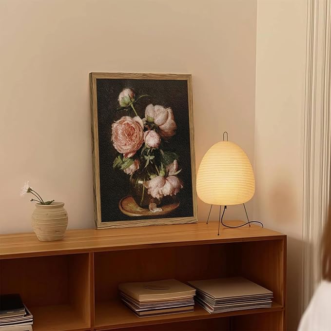 Framed Vintage Floral Wall Art - 3D Textured Classical Flower Wall Decor Paintings, Hand Drawn Sandstone Aesthetic Pictures Prints for Bedroom Living Room Bathroom Office 12x16 inch