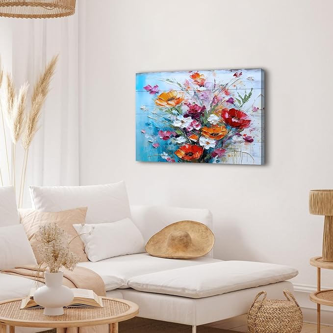 Large Wildflower Wall Art Rustic Colorful Flowers Canvas Picture for Bedroom Watercolor Floral Wall Decor Retro Poppy Flowers Prints Modern Bouquet Artwork Kitchen Living Room Home Decoration 24x36"