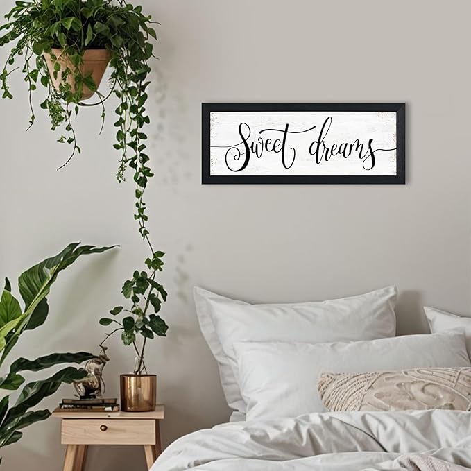 YPY Sweet Dreams Wall Decor Sign: Bedroom Wall Art Above Bed Farmhouse Sign Decorations for Master Guest Room Dormitory Black Frame Hanging