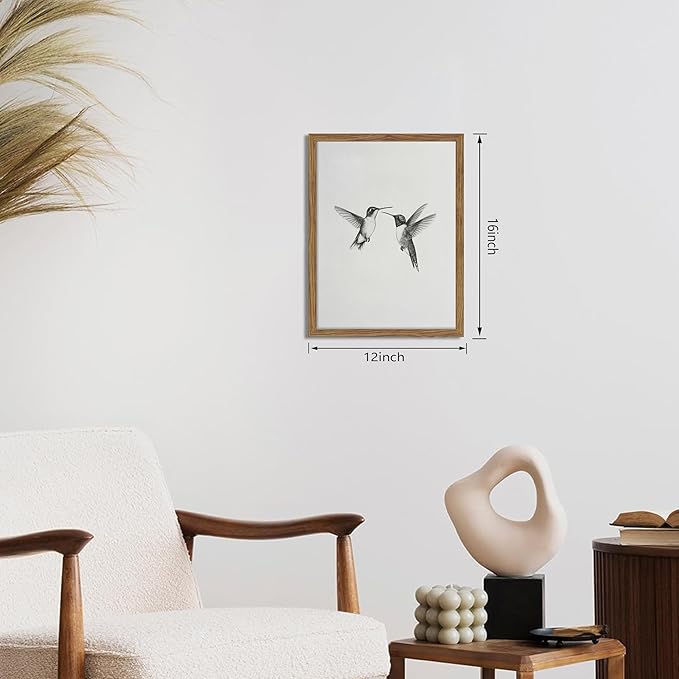 Vintage Wall Art Framed Hummingbird Canvas Print, Modern Farmhouse Birds Wall Decor, Living Room Sketch Painting Picture, Minimalist Black and White Bird Bedroom Decor – 12x16 inch