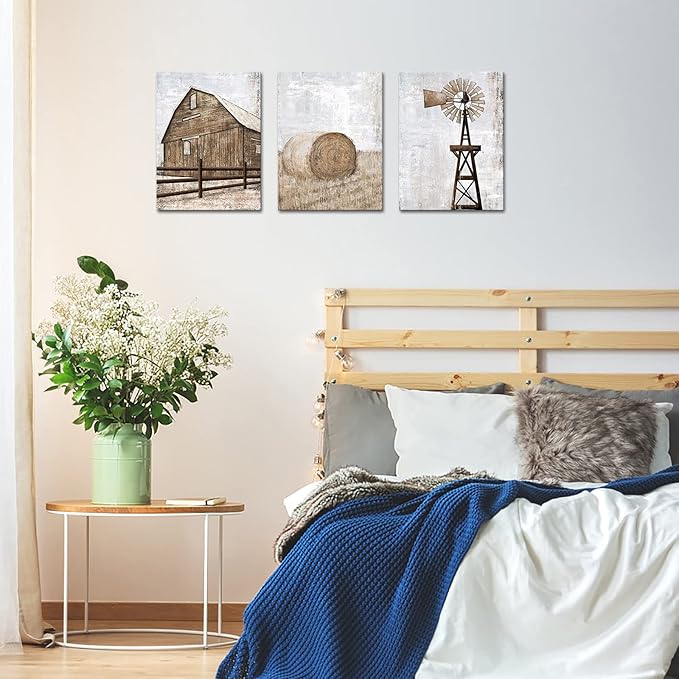 HOMEOART Farmhouse Wall Art Rustic Barn Windmill Cornfield Pictures Countryside Rural Landscape Painting Canvas Artwork Stretched and Framed Ready to Hang Home Decor 12"x16"x3 Pieces
