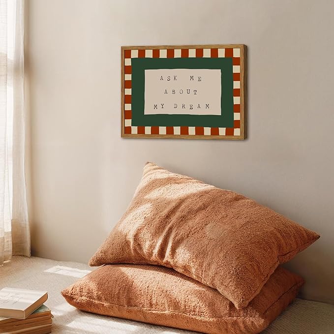 Framed Ask Me About My Dream Wall Art, Retro Red Green Checkered Pictures Wall Decor, Mid Century Modern Minimalist Text Paintings Canvas Prints for Home Living Room Bedroom 16x24 inch