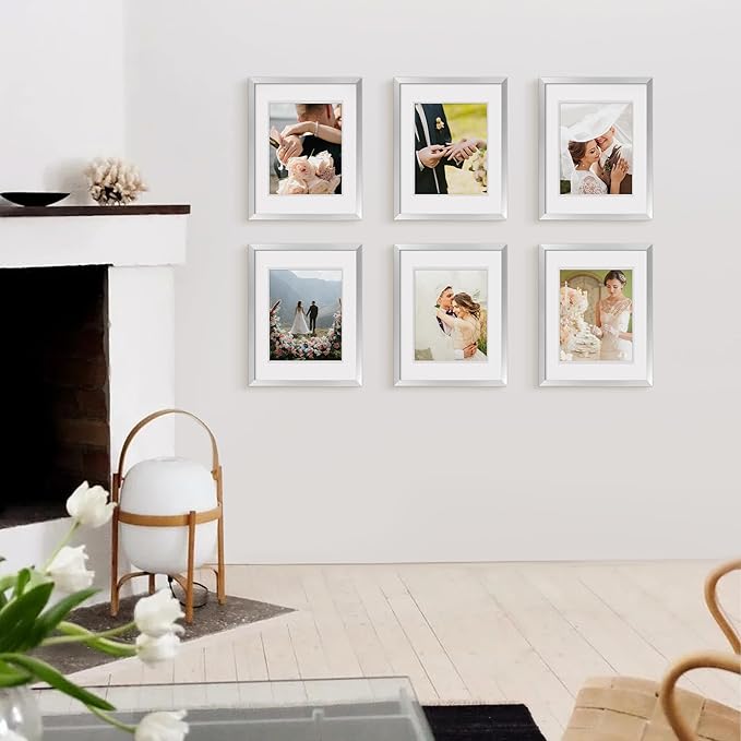 upsimples 11x14 Picture Frame Set of 5, Display Pictures 8x10 with Mat or 11x14 Without Mat, Wall Gallery Photo Frames, Silver