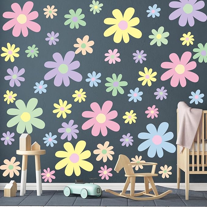 TaoBary 12 Sheet Daisy Wall Sticker Decal Removable Cute Daisy Bedroom Room Decor Flower Wall Sticker Pink White Flower Decal Wallpaper Peel and Stick for Nursery Home(Fresh Color,Attractive Style)