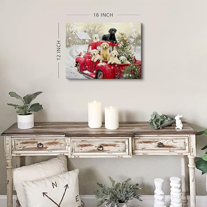 Christmas Wall Art for Living Room Red Pickup Truck Wall Decor Farmhouse Dogs Canvas Prints Christmas Tree Pictures Country Winter Snow Scenic Paintings Artwork Bedroom Kitchen Home Decorations 12x16"