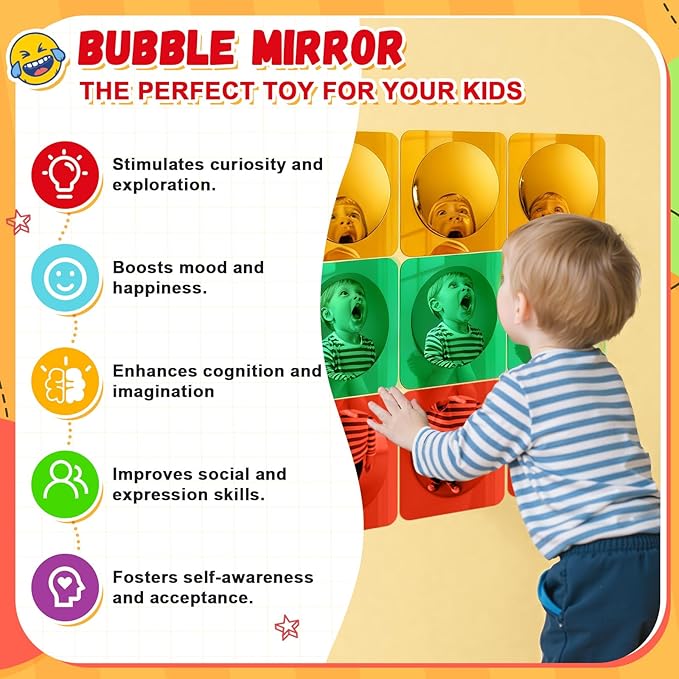 Geiserailie 9 Pcs Sensory Wall Mirror Acrylic Bubble Mirror Toys for Calming Corner Items - Sensory Room Have Visual, Tactile Stimulation (6 x 6 Inch,Red,Yellow,Green)