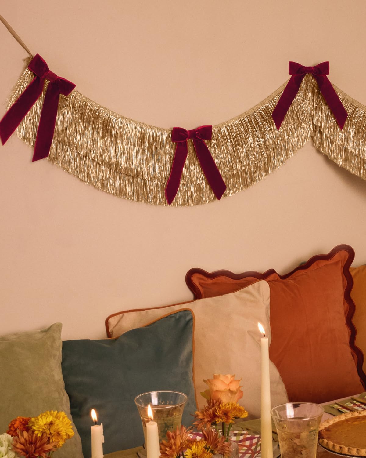 xo, Fetti Gold Fringe + Red Velvet Bow Banner 6 Ft. | Bachelorette Decoration, Christmas Party Sign, Bridal Shower Decor, Birthday Photoshoot Backdrop