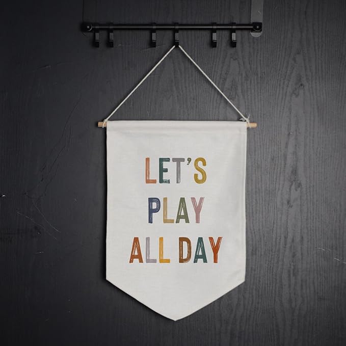 ZEARPT Let's Play All Day Flag Pennant Banner, Boho Nursery, Playroom Wall Hanging, 12.5 x 18 inches, Neutral Kids Decor
