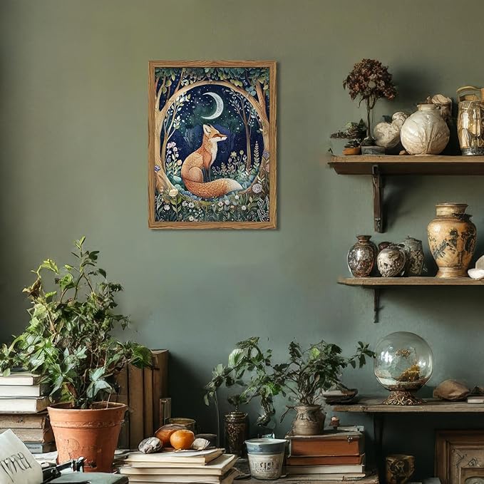 Framed 3D Textured Vintage Wall Art - Cottagecore Hand Drawn Sandstone Fox Paintings Wall Decor, Whimsical Forest Animal Floral Botanical Aesthetic for Bedroom Living Room Nursery 12x16 inch