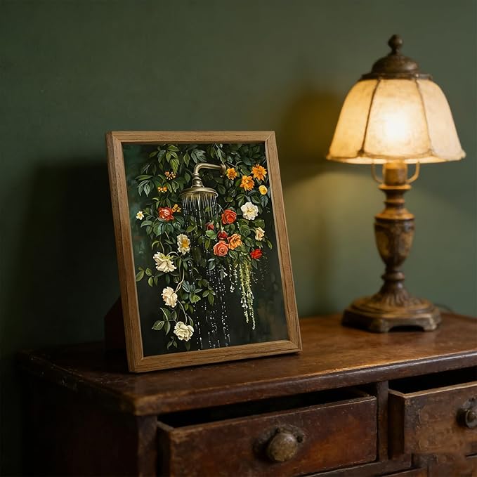 Framed vintage floral wall art Green Botanical Flowers Waterfall Bathroom Wall Decor Boho Spa Aesthetic Flower Artwork for Bathtub Shower Walls Small Bathroom Home Living Room 8x10 inch