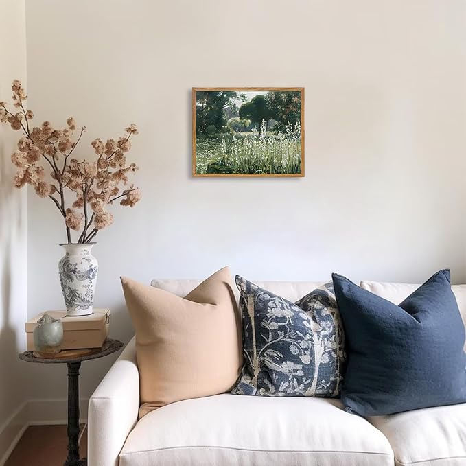 KBKBART Framed Wall Art Vintage Decor, Vintage Meadow with Flowers Oil Painting, Classical Canvas Artwork, Scenery Art Prints for Bedroom Living Room, Bathroom Wall Decor, Gallery, Gifts for Friends or Family (8"x10")