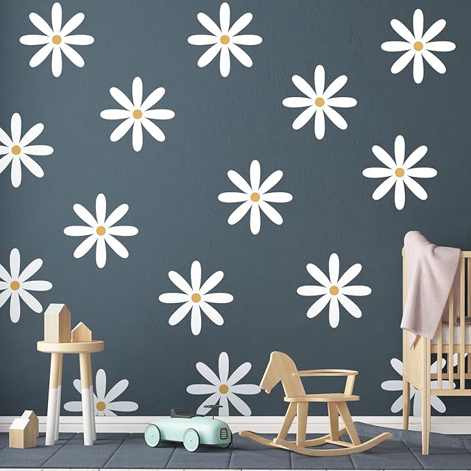 TaoBary 12 Sheet Daisy Wall Sticker Decal Removable Cute Daisy Bedroom Room Decor Flower Wall Sticker Pink White Flower Decal Wallpaper Peel and Stick for Nursery Home(White, Yellow,Fresh Style)