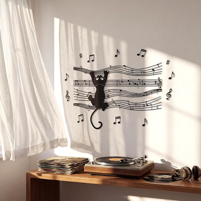 Otoolling Cat Playing Music Wall Decor Metal Black Cat Wall Art Hanging Signs Home Decor for Living Room Bedroom Bathroom Office Cats Lover Gifts (Cartoon,10.04 x 13.78 in)
