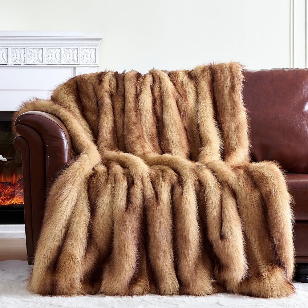 Fluffy Faux Fur Throw Blanket – Super Soft Warm Thick Plush Blanket for Bed, Couch & Office, Cozy Fuzzy Throw with Flannel Backing,60"x80", Brown