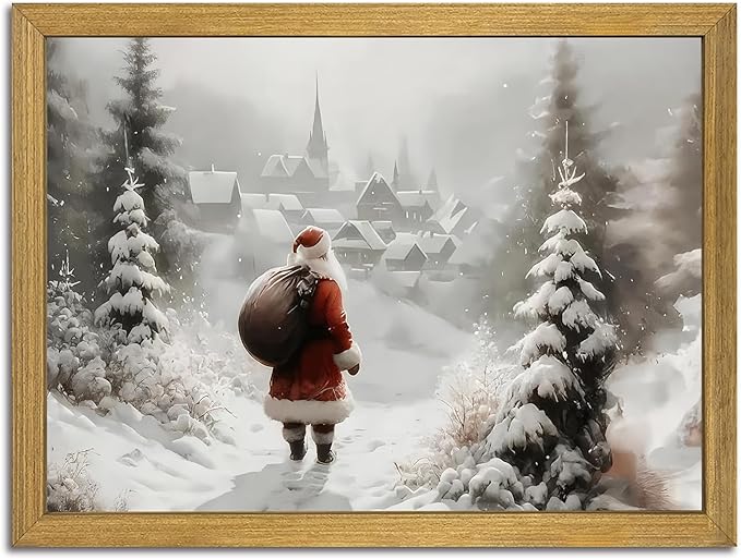 Vintage Christmas Canvas Wall Art, Wood Framed Santa Claus Wall Decor Painting, Rustic Farmhouse Winter Snow Scene Poster Print Picture 16x24 inch, Best Holiday Decor for Living Room Bedroom Home