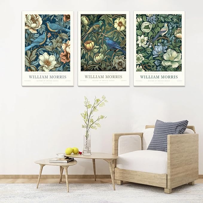 Djmwtb William Morris Canvas Wall Art Vintage Poster Prints Framed Set of 3 Botanical Bird Aesthetic Pictures Gallery Artwork Painting Wall Decor for Living Room Bedroom Office 16x24in