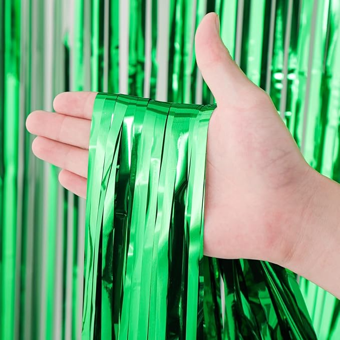 3 Pack 3.3x8.2 Feet Green Foil Fringe Backdrop Curtains, Tinsel Streamers Birthday Party Decorations, Fringe Backdrop for Graduation, Baby Shower, Gender Reveal, Disco Party