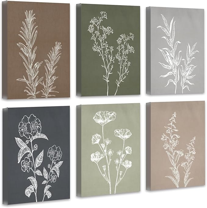 Drsoum Botanical Wall Art Framed Boho Wall Art Decor Wooded Minimalist Vintage Print Modern Rustic Farmhouse Home Kitchen Decor 8x10inx6pcs