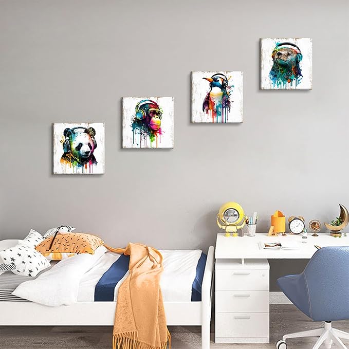 Animals Wall Art Baby Nursery Room Wall Decor Humor Panda Bear Canvas Pictures Kids Bedroom Artwork Colorful Funny Penguin Chimpanzee Posters Graffiti Artwork Living Room Home Decorations 24x24” 4 Pcs