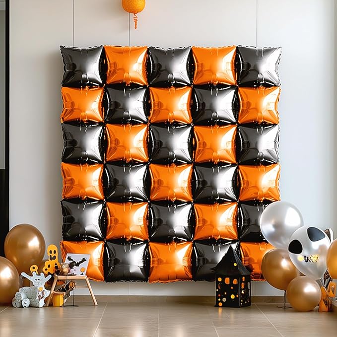 NISOCY 25PCS Halloween Black Orange Square Foil Balloons Wall Backdrop Double Sided Black Orange Balloons Arch Kit for Birthday Graduation Baby Shower Anniversary Party Decorations