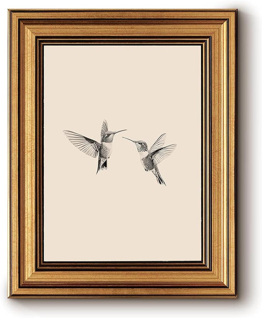 InSimSea Gold Framed Canvas Wall Art, Vintage Birds Wall Decor for Living Room, Two Hummingbirds Sketch Paintings Farmhouse Decor Aesthetic, Small Prints for Bedroom Shelf Gift, 8x10inch