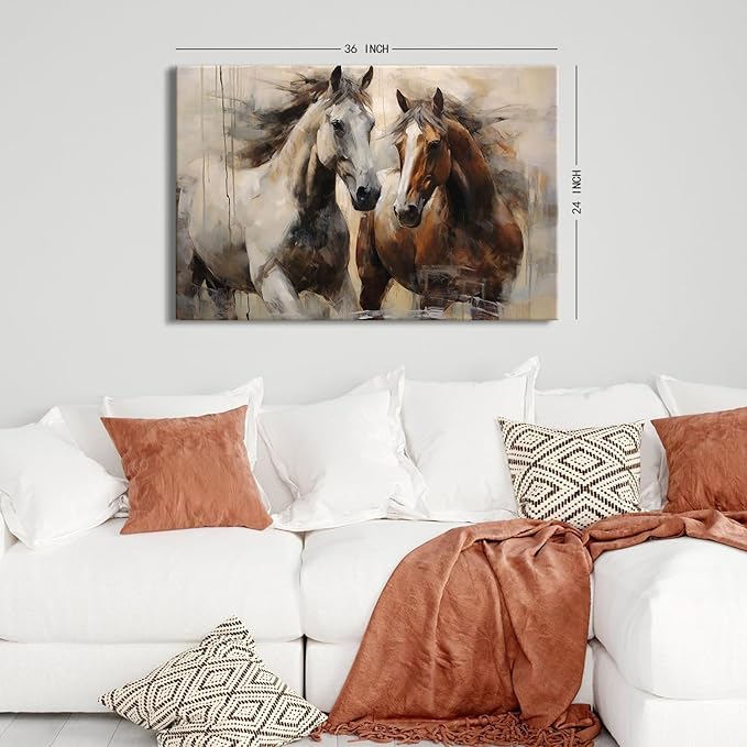 Vintage Horse Pictures Wall Decor Western Farmhouse Canvas Prints Running Horse Art Wall Decor Retro White Brown Horses Paintings Artwork for Living Room Bedroom Office Home Decorations 24x36"