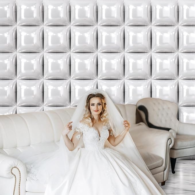NISOCY 48PCS White Square Foil Balloons Wall Backdrop Double Sided Pearl White Balloons Tunnel Arch Kit for Birthday Wedding Engagement Bridal Baby Shower Party Decoration