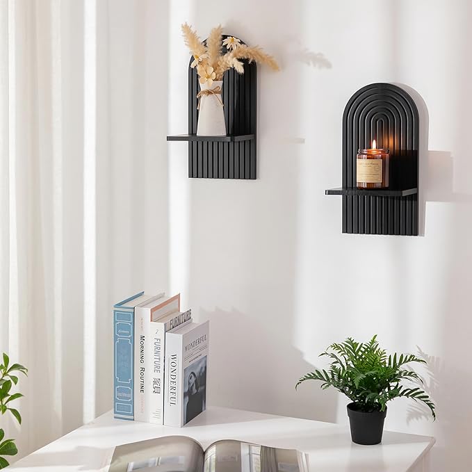 Black Boho Candle Sconces Decor: Set of 2 Wood Mid-Century Wall Candle Holder for Hallway Fireplace Bedroom - Arch Wall Shelf for Plants Pillars Candles
