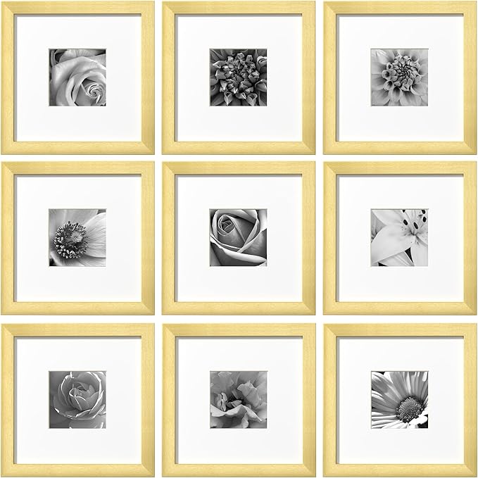 eletecpro 8x8 Picture Frames Set of 9 with Mat for 4x4 Photos or without Mat for 8x8, Square Gallery Wall Decor Collage for Picture Display, Gold Frame Set for Wall Hanging