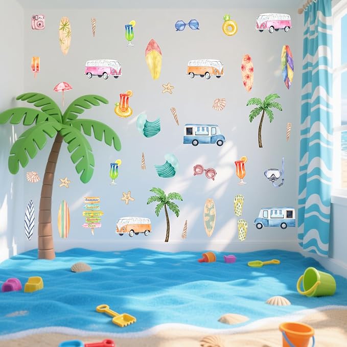 Watercolor Summer Surfing Wall Decal, Palm Tree Juice Surfboard Car Vinyl Wall Stickers, Removable Surfer Beach Artwork for Kids Bedroom Playroom Decor