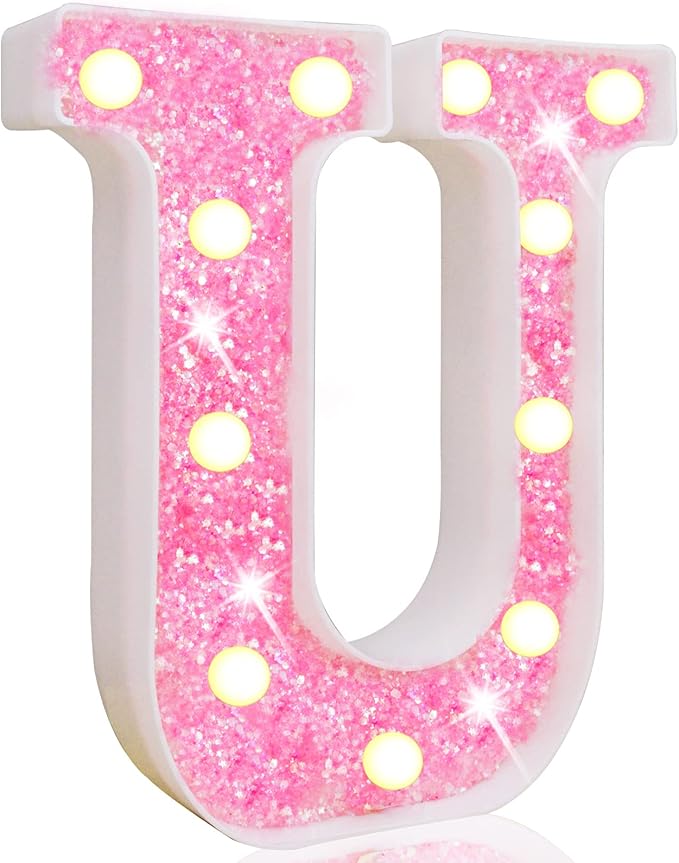 Pooqla LED Marquee Letter Lights, Pink Glitter Light Up Letters Alphabet Sign Battery Powered Night Light, Birthday Party Wedding Girls Gifts, Christmas Room Dorm Bedroom Decoration, Pink Letter U
