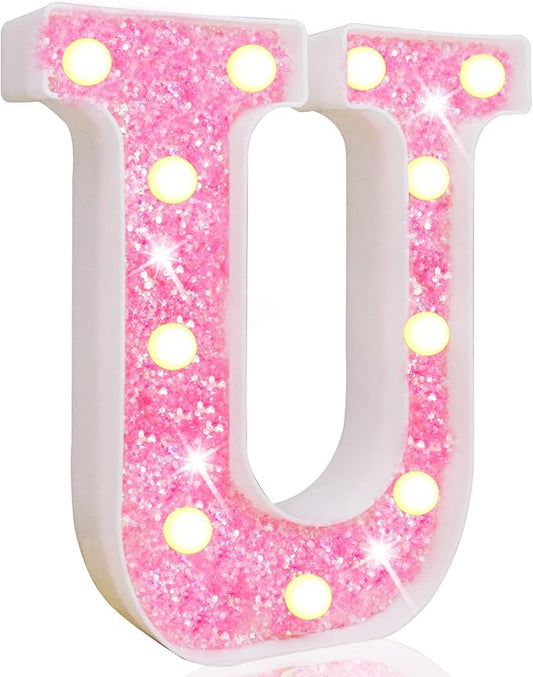 Pooqla LED Marquee Letter Lights, Pink Glitter Light Up Letters Alphabet Sign Battery Powered Night Light, Birthday Party Wedding Girls Gifts, Christmas Room Dorm Bedroom Decoration, Pink Letter U
