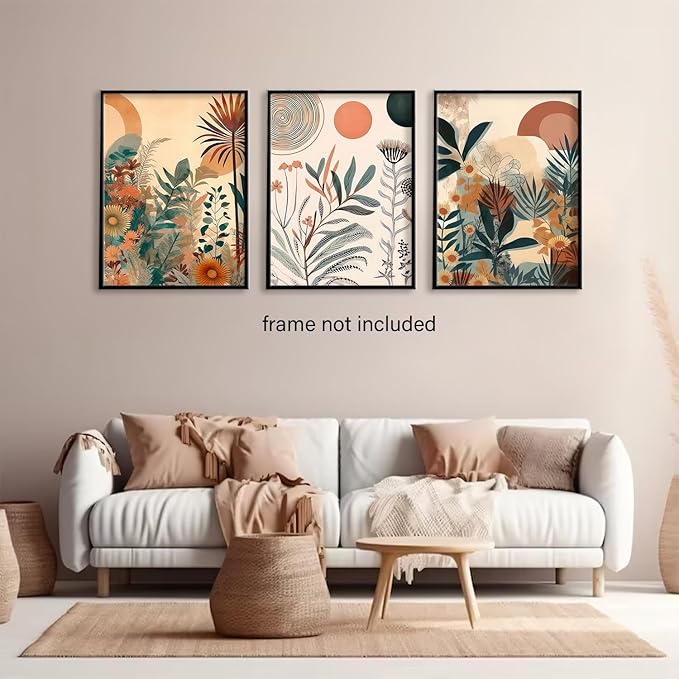 LYPHNX Boho Burnt Orange Botanical Floral Canvas Wall Art Abstract Terracotta Jungle Poster Pictures Set of 3 Flower Prints Painting Home Decor for Bathroom Bedroom Living Room 12"x16" Unframed