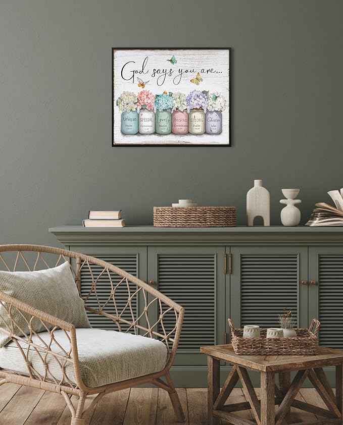 God Says You Are Wall Art: Christian Inspirational Bible Verse Wall Art Religious Scripture Encouragement Gifts for Women,Hydrangea in Mason Jar Prints Butterfly Posters Bedroom Decor 12" x 15"